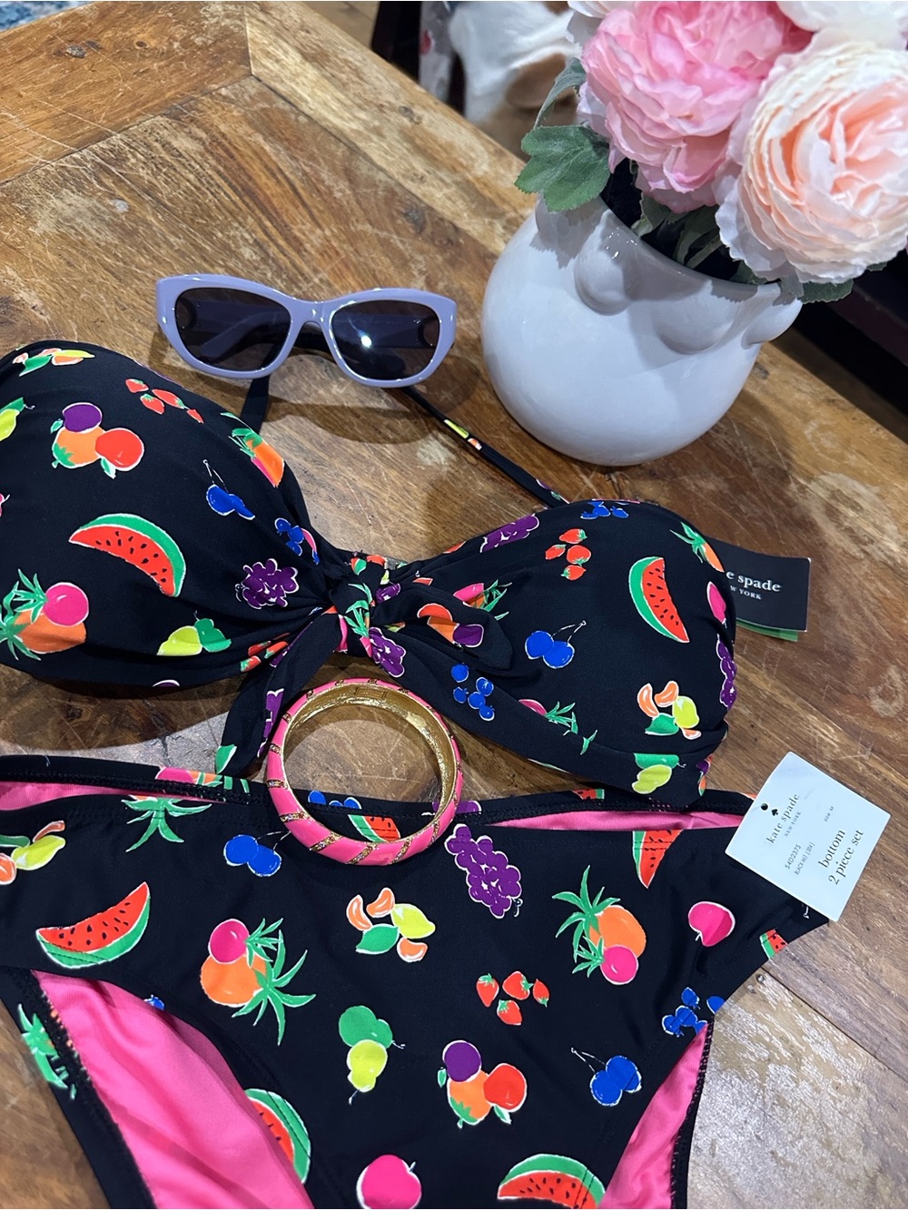 Kate Spade Fruits Bandeau Bikini Top & High Cut Bottom Swim Set Womens XS NWT